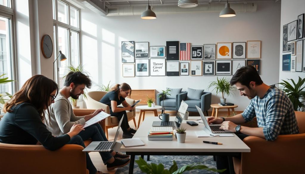 A cozy co-working space with freelancing designers hard at work. The foreground shows a group of professionals hunched over their laptops, sketching designs and brainstorming ideas. The middle ground features a sleek, minimalist setting with Scandinavian-inspired furniture and natural lighting filtering through large windows. In the background, a gallery wall displays their previous design projects, showcasing their diverse portfolios. The atmosphere is focused yet relaxed, capturing the essence of a thriving freelance design community.