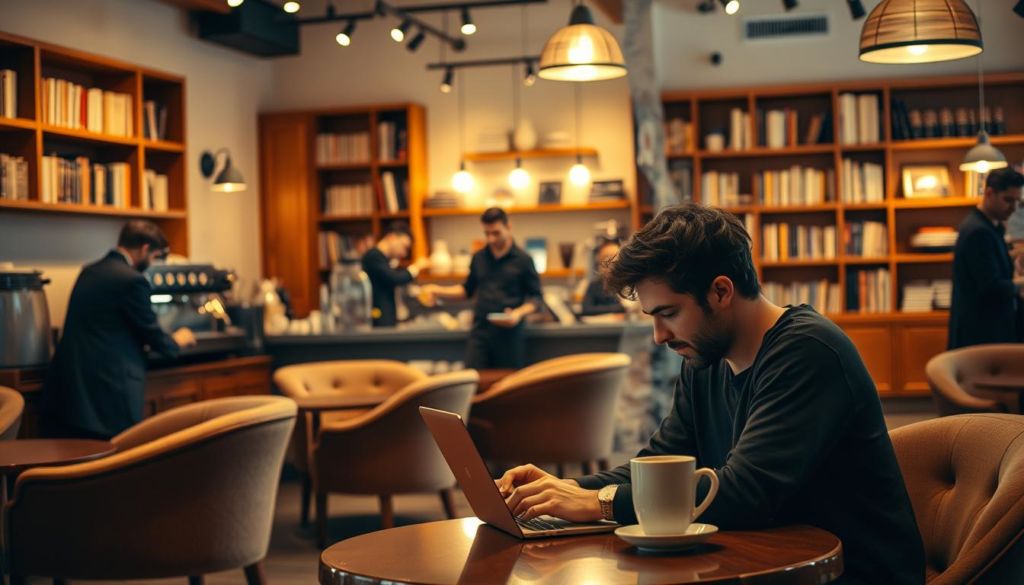 A cozy coffee shop interior, with warm lighting casting a soft glow over the scene. In the foreground, a customer is seated at a table, engrossed in a laptop, sipping a steaming cup of coffee. The middle ground features baristas skillfully crafting beverages, their movements fluid and practiced. In the background, plush armchairs and wooden shelves filled with books create a welcoming, intimate atmosphere. The overall mood is one of comfort, productivity, and attentive customer service, capturing the essence of an exceptional customer experience.
