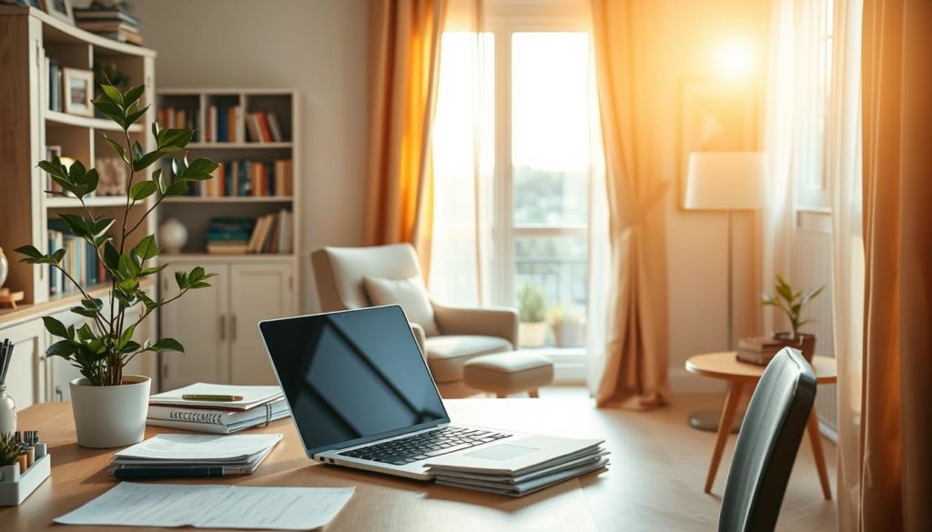 A cozy domestic scene, bathed in warm, natural light filtering through sheer curtains. In the foreground, a neatly organized desk with a laptop, paperwork, and a potted plant, symbolizing the harmonious balance of work and home life. In the middle ground, a comfortable armchair and side table, inviting relaxation and contemplation. The background reveals bookshelves, a framed artwork, and a glimpse of a tranquil outdoor landscape, creating a sense of serenity and mindfulness. The overall atmosphere is one of purposeful yet unhurried productivity, reflecting the principles of smart domestic economy.