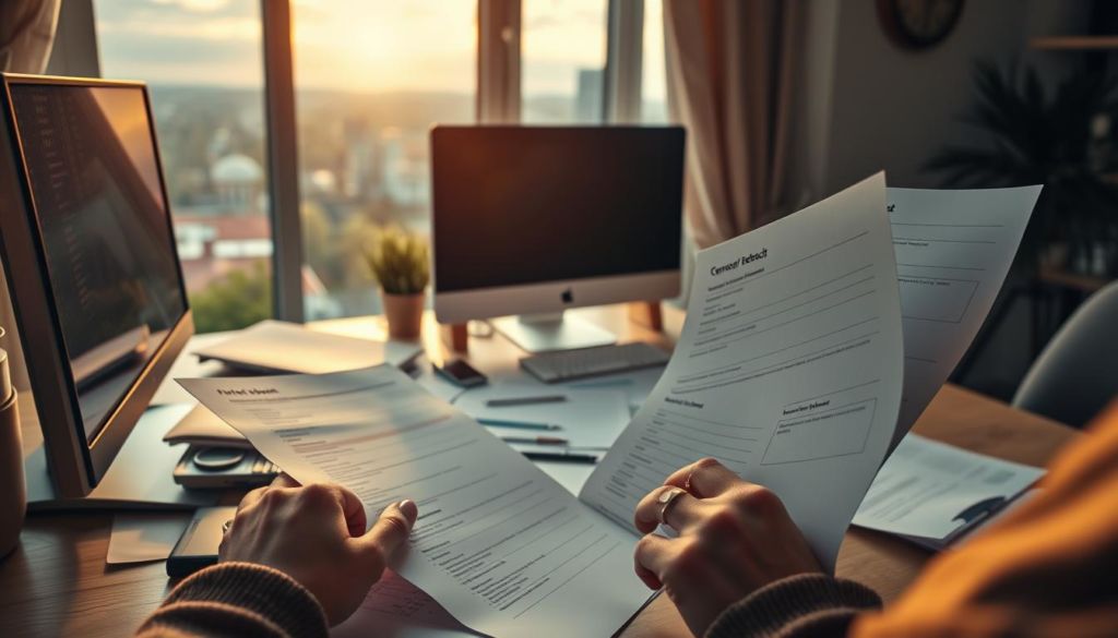 A cozy home office scene with a desktop computer and a variety of customer feedback forms and reports scattered on the desk. Soft, warm lighting casts a comforting glow, creating an atmosphere of thoughtful consideration. In the foreground, a person's hands are carefully reviewing the feedback, their expression one of focused attention. The background features a large window overlooking a serene urban landscape, suggesting a sense of connection to the broader community. The composition balances the intimate, individual task with the broader context of the customer experience.