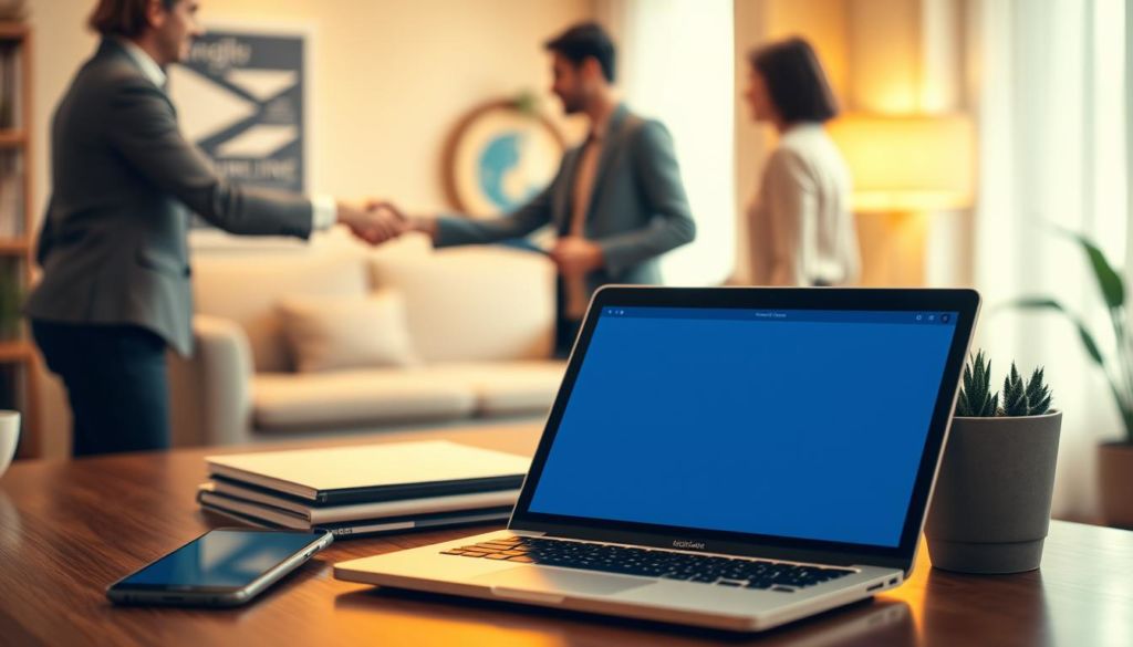 A cozy home office scene with a laptop, tablet, and smartphone on a desk. In the background, people are shaking hands and exchanging business cards, representing successful online networking and co-marketing partnerships. The lighting is warm and inviting, creating a productive and collaborative atmosphere. The color palette is a harmonious blend of earthy tones, reflecting the organic growth of these digital connections. The composition is balanced, with the technological devices in the foreground and the interpersonal interactions in the background, symbolizing the integration of modern tools and human relationships in building a thriving online business.