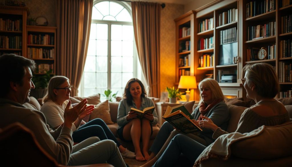 A cozy living room interior, filled with warm, soft lighting. In the foreground, a group of people sit on plush cushions, engaged in animated storytelling, their faces alight with emotion. Hands gesture expressively as they weave their tales. In the middle ground, bookcases line the walls, their shelves brimming with well-loved volumes. The background features a large, inviting window, allowing natural light to spill in, creating a serene, introspective atmosphere. The overall mood is one of intimate connection, where the power of stories to forge meaningful bonds is palpable.