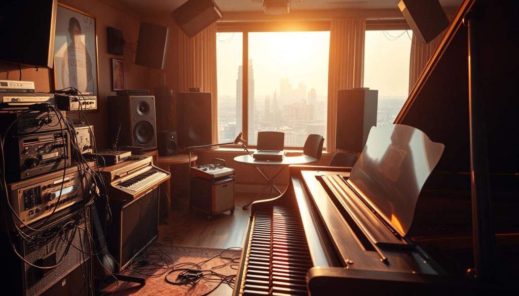 A cozy music studio filled with vintage recording equipment and instruments, bathed in warm, golden lighting. In the foreground, a grand piano takes center stage, its keys inviting the pianist to compose a new melody. Surrounding it, a tangle of cables and audio interfaces, symbolizing the complex web of licensing and copyright that governs the use of music in various media. In the background, a large window offers a glimpse of a cityscape, hinting at the global reach and commercialization of the music industry. Subtle textures and a sense of depth create an intimate, contemplative atmosphere, reflecting the importance of navigating the legalities of musical licensing.