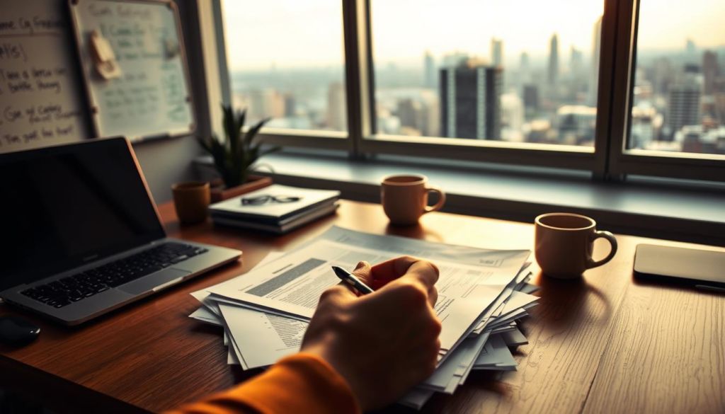 A cozy office desk with a laptop, a cup of coffee, and a stack of documents. The lighting is warm and focused, creating a contemplative atmosphere. In the foreground, a hand holds a pen, poised to write thoughtful feedback on the documents. The mid-ground features a wall-mounted whiteboard with scribbled notes, suggesting an ongoing dialogue about customer feedback. In the background, a window overlooking a bustling city skyline, hinting at the broader context and the importance of this customer relationship management process. The overall mood is one of careful consideration and a desire to strengthen connections with clients.