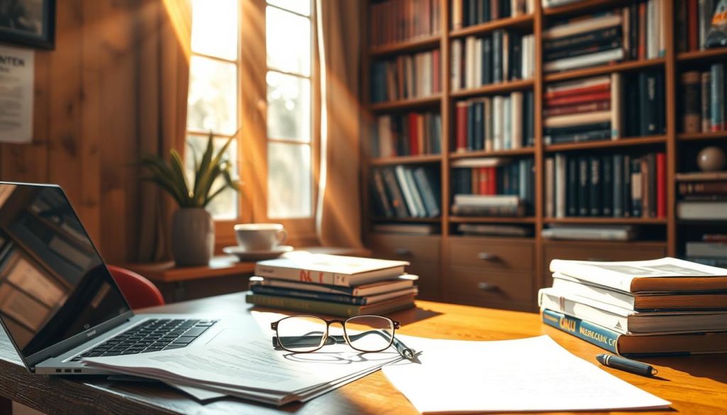 A cozy office interior with a wooden desk, a laptop, and a stack of books. Rays of warm, golden light stream in through a nearby window, casting a soft, inviting glow on the scene. The desktop is cluttered with notes, pens, and a pair of reading glasses, suggesting intense research and writing in progress. In the background, a bookshelf filled with volumes on marketing, communication, and the art of persuasive writing. The overall atmosphere is one of focused productivity and intellectual engagement, capturing the essence of "Pesquisa no Copywriting" - the careful, meticulous research that underpins effective copywriting.