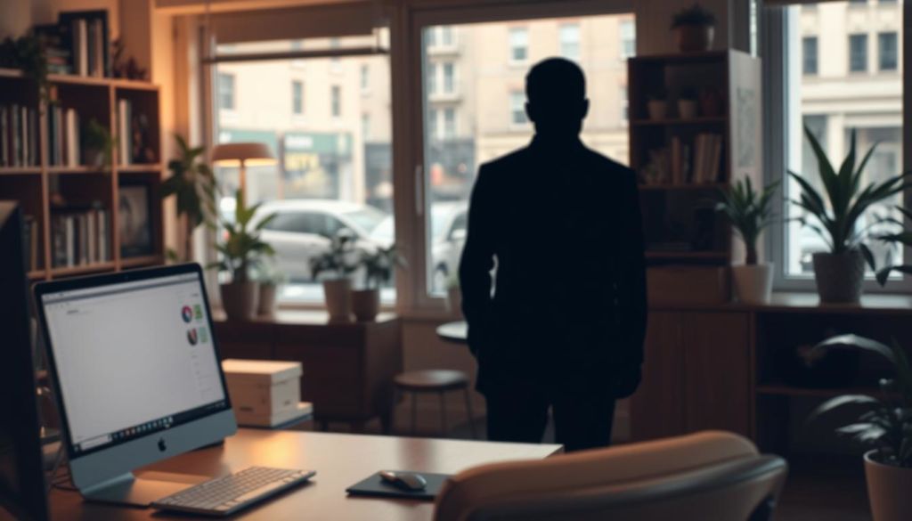 A cozy office setting with a computer, desk, and comfortable office chair in the foreground. In the middle ground, a hidden customer, represented by a shadowy figure, appears to be observing the scene. The background features a warm, softly lit interior with bookshelves, potted plants, and a window offering a view of a bustling city street. The lighting is gentle, creating a sense of calm and introspection, hinting at the unseen advantages of the hidden customer approach.