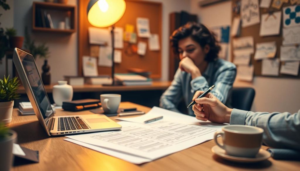 A cozy office workspace, the desk adorned with a laptop, notepad, and a cup of coffee. In the foreground, a person sits thoughtfully, pen in hand, creating a comprehensive business plan. Warm, focused lighting illuminates the scene, casting a productive ambiance. In the background, a corkboard displays neatly organized notes and sketches, reflecting the meticulous planning process. The overall composition conveys a sense of concentration, determination, and the diligent effort required to build a solid business foundation.