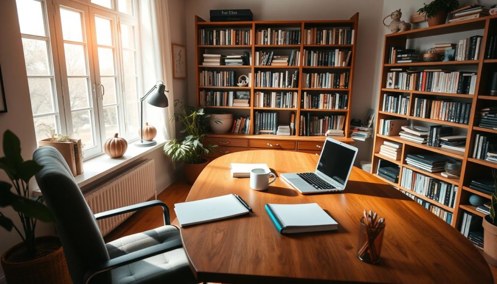 A cozy, well-lit home office with a large wooden desk and a comfortable chair. On the desk, a laptop, a cup of coffee, and some neatly organized notepads and pens. The walls are adorned with shelves filled with books, and a large window allows natural light to flood the space, creating a warm and inviting atmosphere. The scene evokes a sense of productivity and inspiration, perfect for the task of "Escrevendo Conteúdos de Qualidade" as part of the "Guia Prático de Google Web Designer no Brasil."