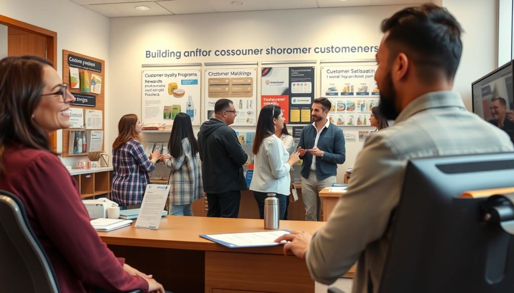 A cozy, well-lit office setting with a desk, chair, and computer. In the foreground, a smiling customer engages with a sales representative, their body language suggesting a positive interaction. In the middle ground, a diverse group of customers converse and interact with various products or services. The background features a wall display showcasing customer loyalty programs, rewards, and personalized promotional items. The overall mood is one of professionalism, customer satisfaction, and a strong emphasis on building lasting customer relationships.