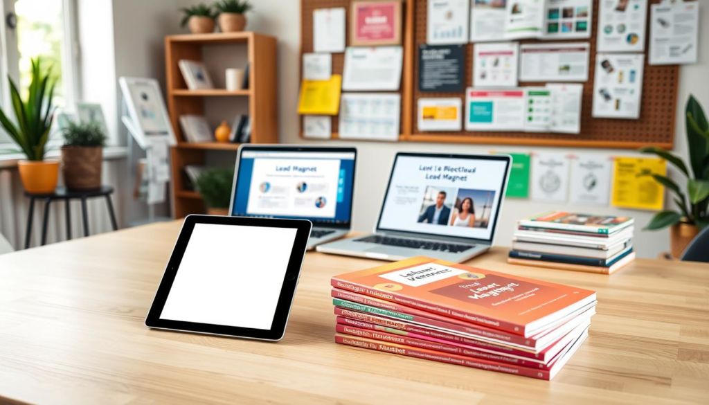 A cozy, well-lit office setting with various digital and physical lead magnet formats placed on a minimalist wooden desk. In the foreground, a tablet displays a clean, modern e-book cover, while beside it, a stack of printed lead magnet booklets in vibrant colors catches the eye. In the middle ground, a sleek laptop showcases a professional-looking webinar presentation slide, and in the background, a bulletin board displays an array of lead magnet templates, flyers, and checklists. The overall atmosphere is one of productivity, organization, and a touch of creativity, reflecting the practical and valuable nature of effective lead magnets.