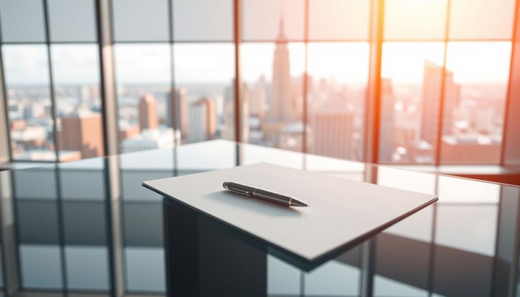 A crisp, clean executive desk with a clear glass surface, bathed in warm, diffused lighting from a large window overlooking a bustling cityscape. Atop the desk, a pen and a single sheet of pristine white paper await, symbolizing the clarity and focus required for a compelling commercial proposal. The overall atmosphere conveys a sense of professionalism, efficiency, and unwavering commitment to the task at hand.