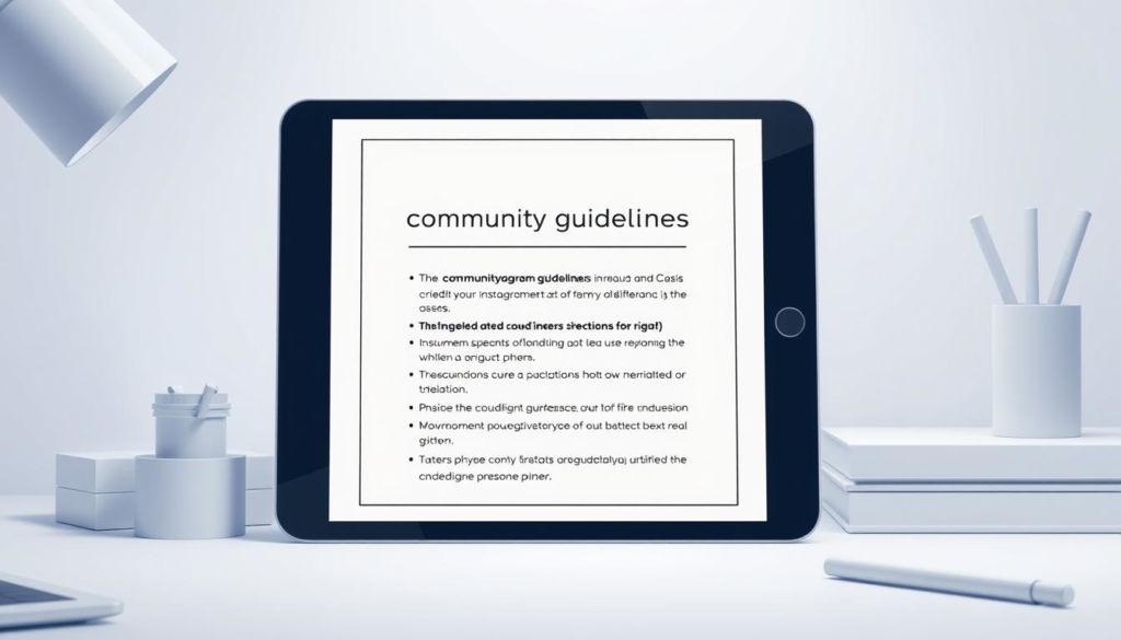 A crisp, clean-lined illustration of Instagram's community guidelines displayed on a sleek digital device, surrounded by a minimalist workspace. The screen showcases key points from the policy in a clear, legible format, with subtle gradients and geometric shapes framing the content. The overall aesthetic is modern, professional, and tailored to convey the importance and authority of Instagram's directives. Soft, directional lighting illuminates the scene, creating depth and emphasizing the guidelines' prominence. The composition strikes a balance between simplicity and informative detail, inviting the viewer to closely examine the platform's regulations.