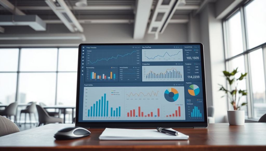 A crisp data analysis dashboard displaying key performance metrics, charts, and visualizations against a backdrop of a sleek, minimalist office setting. The foreground features a laptop, mouse, and notepad, conveying a sense of active analysis and decision-making. Soft, diffused lighting emanates from large windows, creating a calm, professional atmosphere. The middle ground showcases various data visualization techniques, such as line graphs, bar charts, and pie charts, presenting insights in a clear and compelling manner. The background depicts a modern, open-concept workspace with clean lines, neutral tones, and subtle textures, allowing the data analysis to take center stage.
