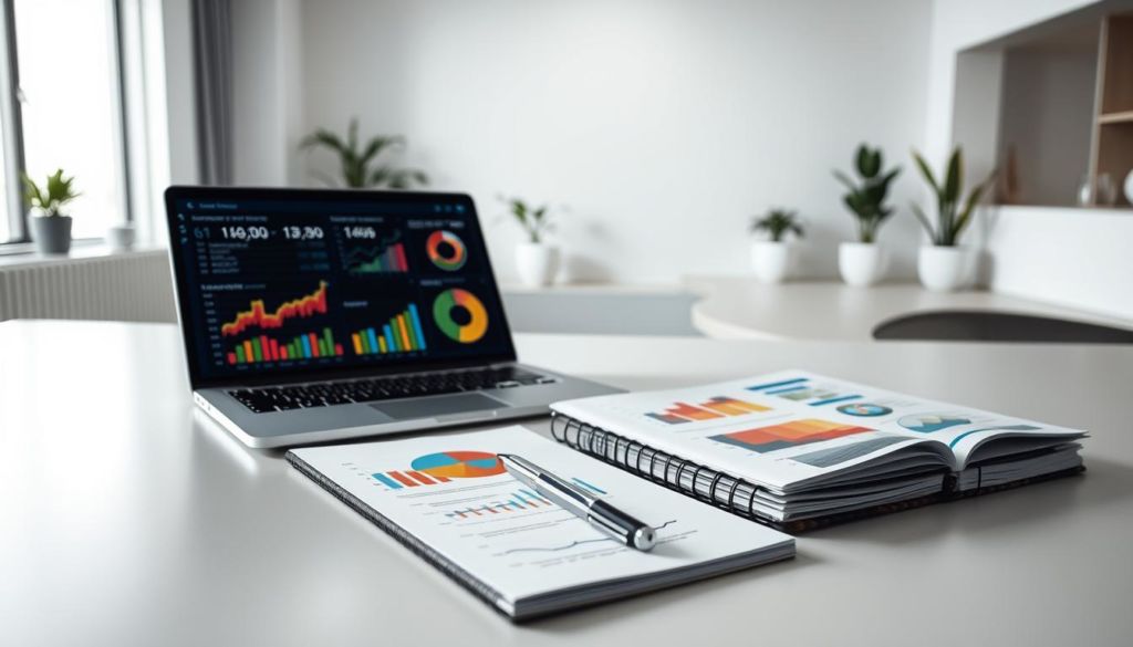 A crisp, data-driven business report on a sleek, modern desk. In the foreground, a laptop displays colorful graphs and charts, meticulously visualizing key performance indicators. Beside it, a pen and notebook capture insightful notes. The middle ground features a stylized pie chart and bar graph, their lines and shapes casting dynamic shadows. In the background, an expanse of minimalist office decor - clean white walls, a few potted plants, and indirect lighting that creates a contemplative atmosphere. The overall scene conveys a sense of analytical rigor, strategic planning, and a relentless pursuit of business success.