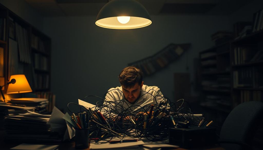 A dark and cluttered office setting, illuminated by a dim, warm overhead light. On the desk, a tangled web of papers, pens, and other office supplies, symbolizing the confusion and misinterpretation of behavioral profiles. In the foreground, a frustrated person, face obscured, sits hunched over the desk, surrounded by the clutter. The background is hazy, with bookshelves and filing cabinets fading into the shadows, suggesting the complexity and hidden nuances of understanding personality types. The overall atmosphere conveys a sense of cognitive dissonance and the difficulties in correctly interpreting behavioral profiles.