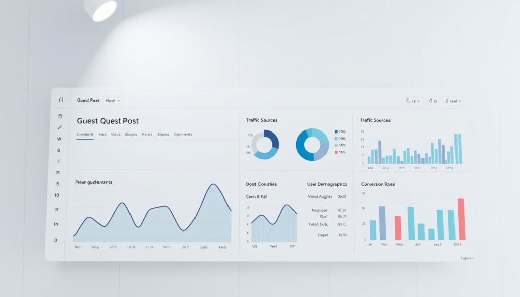 A data dashboard displays various metrics and analytics related to the performance of a guest post, presented against a clean, minimalist backdrop. In the foreground, a line graph tracks the number of views, shares, and comments over time, providing insights into audience engagement. The middle ground features pie charts and bar charts that break down the post's traffic sources, user demographics, and conversion rates. In the background, subtle grid lines and muted colors create a sense of structure and organization, complementing the precise, analytical nature of the data visualization. Soft, directional lighting from the top-left casts a gentle glow, highlighting the key performance indicators. The overall mood is one of efficiency, clarity, and data-driven decision making.