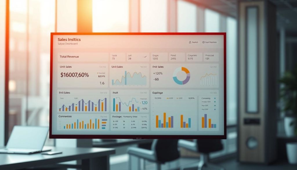 A data-driven analysis dashboard displaying comprehensive sales metrics, including total revenue, unit sales, conversion rates, and key performance indicators. The dashboard is presented on a large, high-resolution screen with a clean, minimalist design. The background is a serene, blurred office environment, allowing the data visualization to take center stage. Warm, directional lighting from the side creates depth and highlights the details of the charts and graphs. The layout is well-organized, with clear sections for different data sets, making it easy to quickly understand the sales performance at a glance. The overall mood is one of professionalism, efficiency, and data-driven decision-making.