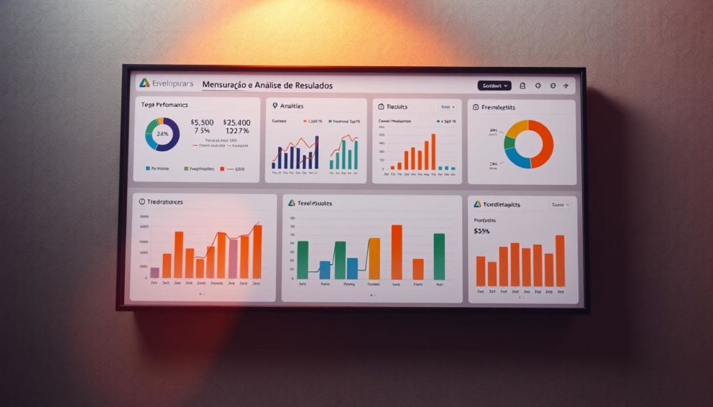 A data-driven business dashboard with sleek infographics, vibrant charts, and clean typography, illuminated by warm, directional lighting against a subtle, textured background. The dashboard presents key performance metrics, trend analyses, and insightful visualizations, inviting the viewer to explore the results of a successful marketing campaign. The overall mood is professional, informative, and visually striking, reflecting the rigor and efficacy of the "Mensuração e Análise de Resultados" process.