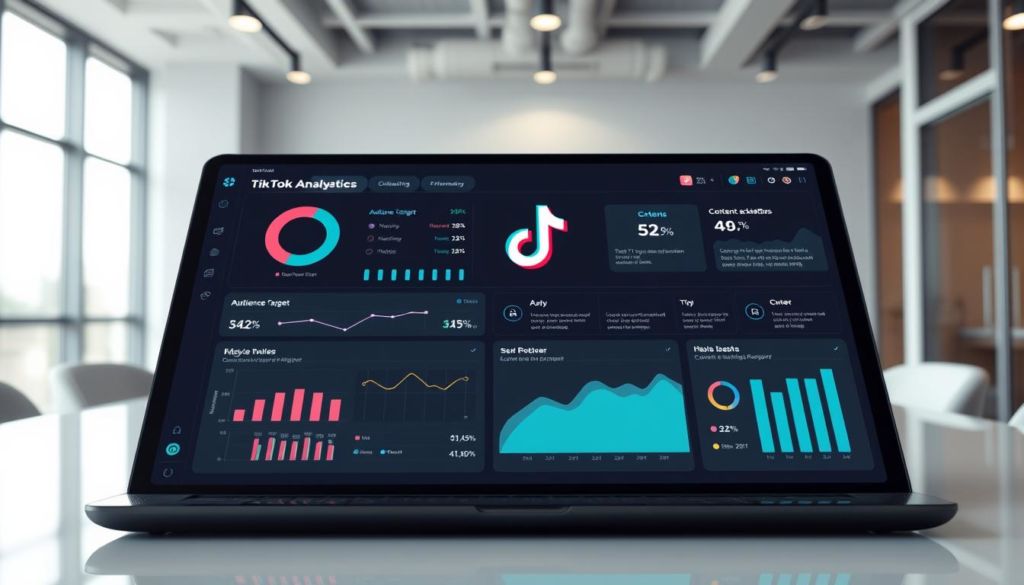A data-driven dashboard display showcasing key TikTok analytics and optimization strategies. In the foreground, a sleek tablet or laptop screen presents a visually engaging interface with charts, graphs, and performance metrics. The middle ground features a stylized TikTok logo and icons representing various optimization tactics, such as audience targeting, content scheduling, and hashtag research. The background depicts a modern, minimalist office setting with clean lines, neutral tones, and subtle lighting to convey a professional, analytical atmosphere. The overall composition should communicate a sense of data-driven decision-making and strategic optimization for TikTok success.