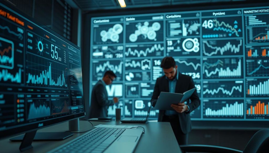A data-driven marketing landscape with an enterprise resource planning (ERP) system at its core. In the foreground, a sleek dashboard displays real-time insights and analytics, guiding strategic decision-making. In the middle ground, a team of analysts pores over intricate charts and graphs, extracting valuable data-driven insights. In the background, a seamless integration of the ERP system with various marketing channels, enabling a holistic, data-driven approach to campaign optimization and customer segmentation. Soft, diffused lighting casts a professional, authoritative atmosphere, emphasizing the importance of data analysis in driving effective marketing strategies.