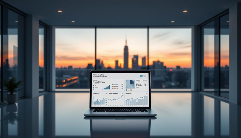 A data visualization dashboard floating in a sleek, minimalist interior. The foreground shows a series of interactive charts and graphs tracking meme engagement metrics, with a focus on likes, shares, and virality trends. The middle ground features a laptop displaying an analytics platform, its screen bathed in a soft, ambient glow. The background depicts a serene, modern office space with large windows overlooking a city skyline at dusk. The lighting is warm and cinematic, creating a sense of productivity and professionalism. The overall mood is one of analytical precision and data-driven decision making.