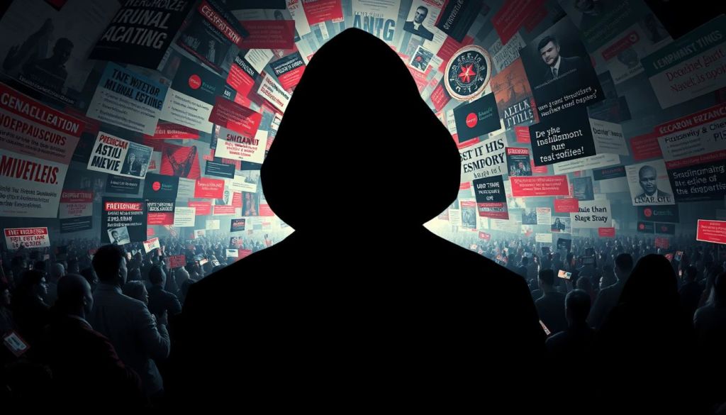 A deceptive propaganda campaign unfolding against a backdrop of twisted, distorted visuals. In the foreground, a shadowy figure manipulates the public through subliminal messaging, their sinister gaze piercing the viewer. The middle ground reveals a kaleidoscope of misinformation, half-truths, and fabricated narratives, creating a disorienting, unsettling atmosphere. The distant background is shrouded in an ominous haze, hinting at the far-reaching consequences of this psychological warfare. Dramatic lighting casts deep, unsettling shadows, adding to the sense of unease. Capture this scene through a wide-angle lens, emphasizing the overwhelming scale and impact of the deceptive propaganda.