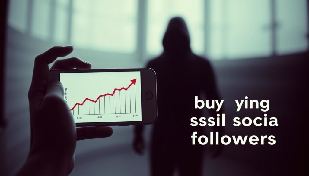 A desaturated, cinematic image showing the downsides of buying social media followers. In the foreground, a disembodied hand holds a mobile device displaying a graph of rapidly increasing follower count, symbolizing the superficial and inauthentic nature of purchased followers. In the middle ground, a shadowy figure lurks, representing the potential consequences of this practice, such as damaged reputation and algorithmic penalties. The background is blurred and ominous, with a sense of unease and uncertainty. The lighting is low-key, creating a moody, cautionary atmosphere. The camera angle is slightly low, adding a sense of weight and gravity to the scene.