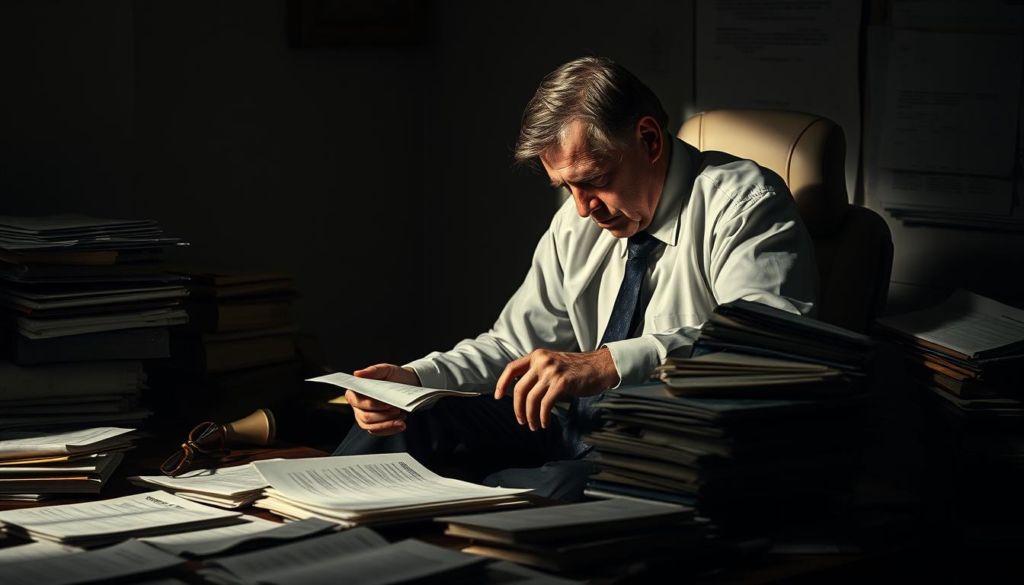 A despondent businessman, suit and tie disheveled, sits hunched over a desk cluttered with outdated ledgers and papers, lost in the overwhelming tide of rapid market changes he's failed to anticipate or adapt to. Muted, desaturated tones convey a sense of stagnation and resignation, while harsh shadows cast by a single sidelight create a moody, haunting atmosphere. The scene is framed in a tight, claustrophobic composition, emphasizing the subject's isolation and inability to keep pace with the dynamic, modernizing world around him.