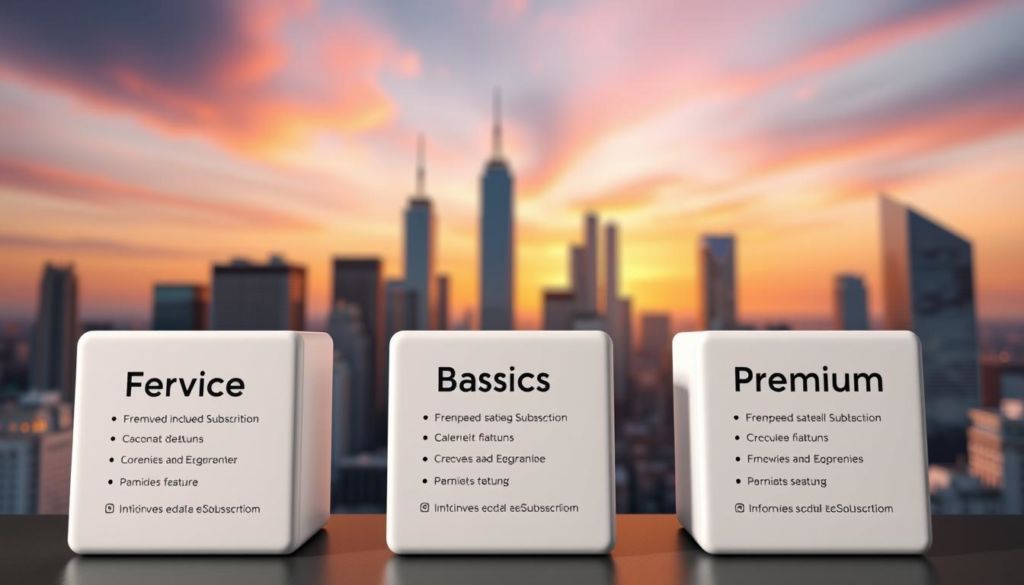 A detailed 3D illustration showcasing the different service tiers of a freemium business model. In the foreground, three distinct boxes represent the free, basic, and premium subscription levels, each with clear icons and descriptions of the included features. The middle ground depicts a city skyline with modern skyscrapers, conveying a sense of urban sophistication. The background features a vibrant, sunset-colored sky with a warm, inviting atmosphere. The lighting is soft and directional, creating depth and emphasizing the layered structure of the scene. The camera angle is slightly elevated, providing an overview of the entire composition. The overall mood is one of professionalism, clarity, and a balanced approach to tiered service offerings.