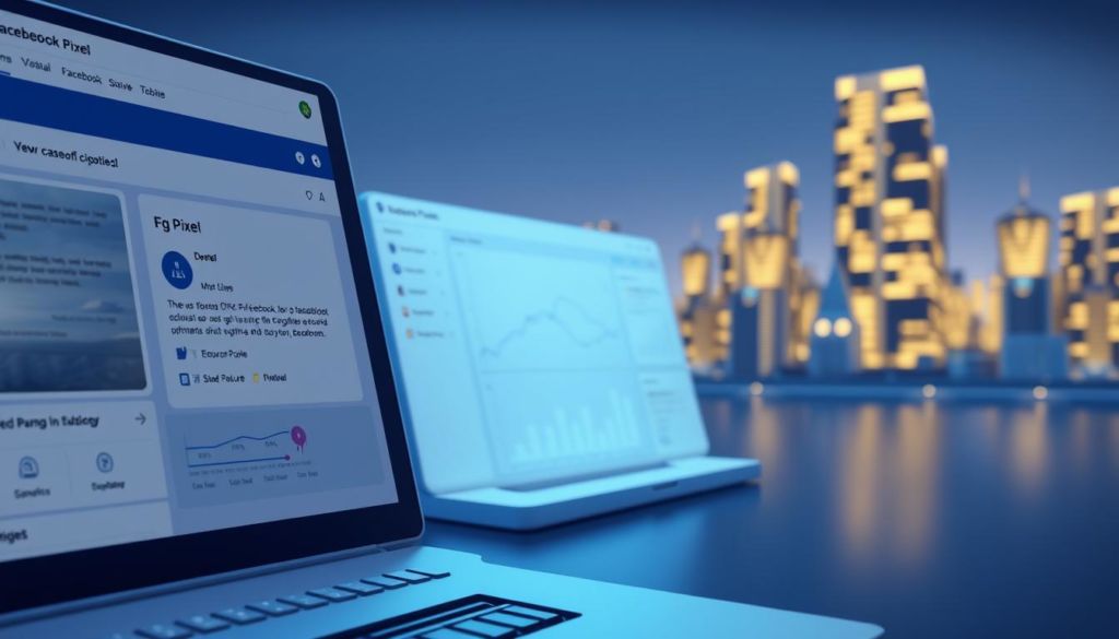 A detailed and modern digital illustration depicting the Facebook Pixel software updates and new features. The foreground shows a close-up view of a sleek and minimalist Facebook Pixel interface, with various toggles, sliders, and control panels displaying the latest functionalities. The middle ground showcases a 3D-rendered data visualization, with dynamic graphs and charts illustrating the Pixel's performance metrics and audience insights. In the background, a soft, out-of-focus city skyline with glowing office windows suggests the broader business context of the Pixel tool. The lighting is clean, directional, and slightly moody, creating depth and highlighting the digital elements. The overall mood is one of technological sophistication, data-driven optimization, and the power of the Facebook advertising platform.