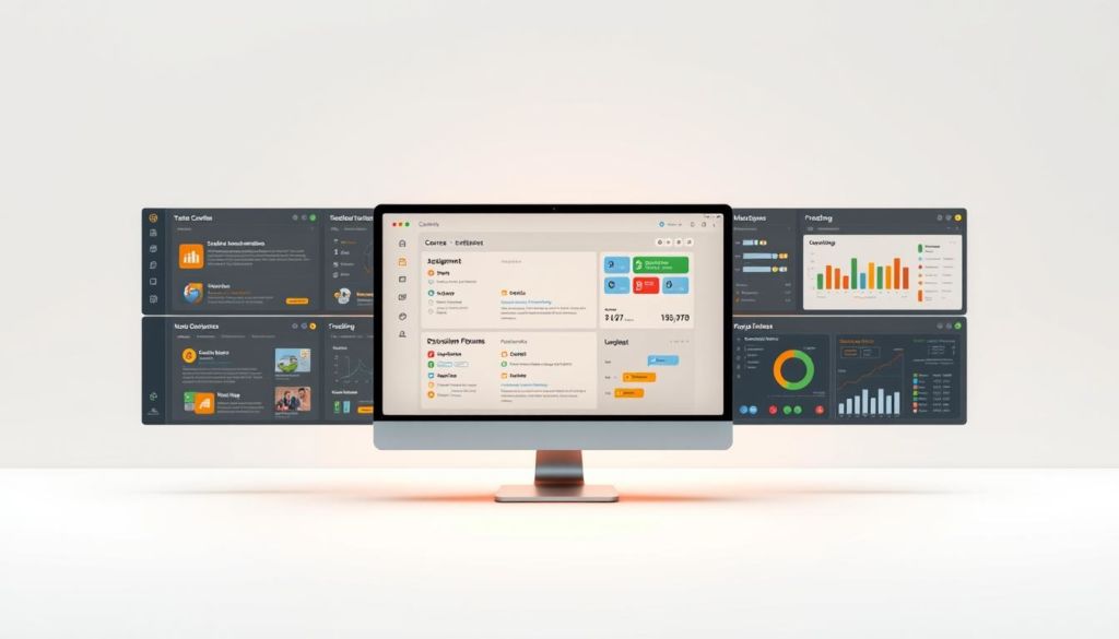A detailed and visually striking illustration of Moodle's core learning management system (LMS) functionalities. Set against a clean, minimalist background, the focal point is a series of interactive panels showcasing Moodle's key features - course creation, student enrollment, assignment submission, grading, discussion forums, and reporting dashboards. Rendered with a crisp, high-resolution photorealistic style, the image conveys Moodle's intuitive, user-friendly interface and powerful capabilities to support online and blended learning. Soft, directional lighting enhances the sleek, modern aesthetic, while strategic camera angles provide an immersive, dynamic perspective.