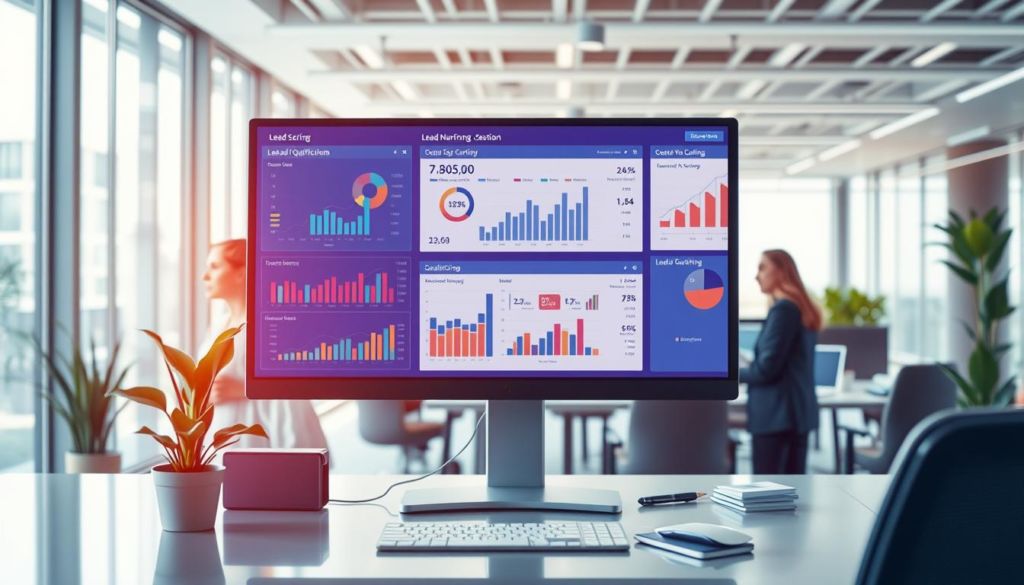 A detailed and vivid illustration of lead scoring, lead nurturing, and lead qualification. In the foreground, a computer screen displays a comprehensive dashboard with various metrics and data visualizations, showcasing the analytical aspects of lead management. In the middle ground, a team of professionals collaborates, examining the information and making strategic decisions. The background depicts a modern, corporate office environment with clean lines, natural lighting, and a sense of productivity and optimization. The overall mood is one of analytical rigor, data-driven decision-making, and a focus on guiding potential customers through the sales funnel effectively.
