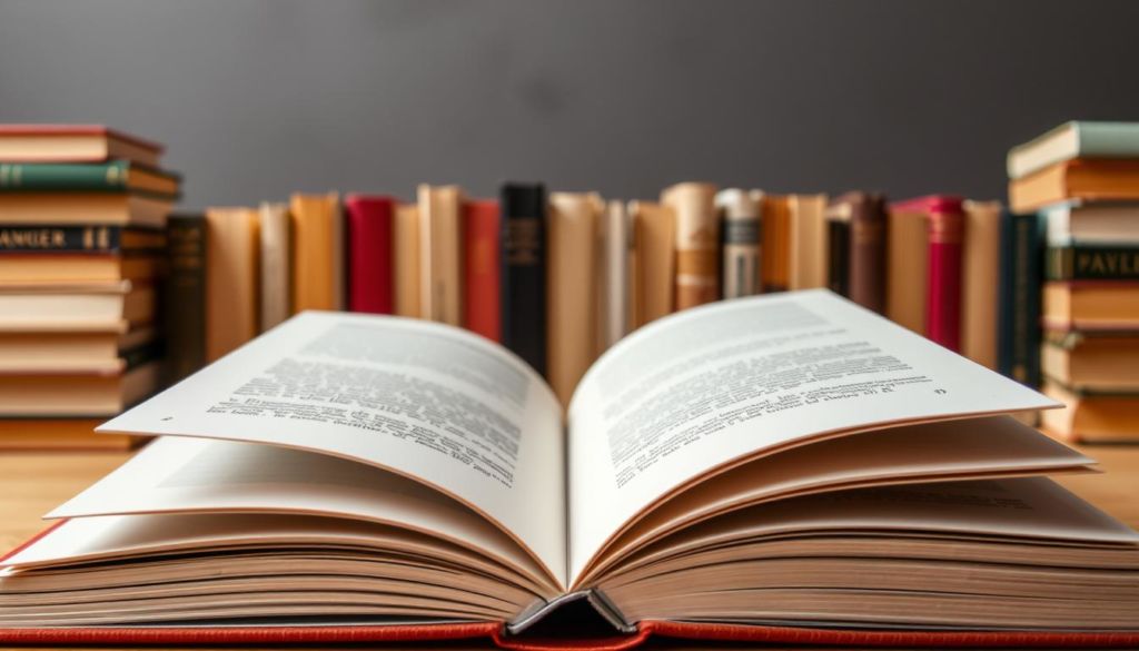A detailed book structure with a minimalist aesthetic. The foreground features an open book with crisp, clean pages and a simple hardcover binding in a neutral tone. The middle ground showcases a collection of books in various sizes, colors, and bindings, arranged in a symmetrical, organized manner. The background is a muted, monochromatic space, allowing the books to be the focal point. The lighting is soft and diffused, creating a sense of warmth and focus. The overall composition is balanced, with a harmonious blend of simplicity, order, and the tactile nature of the physical book.