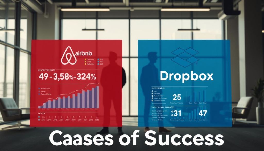 A detailed case study of two successful technology companies, Airbnb and Dropbox, presented against a backdrop of a modern, minimalist office space. The foreground showcases key metrics and data visualizations highlighting their growth trajectories and business models. The middle ground features silhouettes of the founders, capturing their entrepreneurial spirit. The background subtly integrates architectural elements like large windows, sleek furniture, and a clean color palette to convey a professional, yet innovative atmosphere. Dramatic lighting from multiple angles casts dynamic shadows, emphasizing the weight of the subject matter. The overall composition aims to visually represent the "Cases of Success" discussed in the book, with a visually striking and informative presentation.