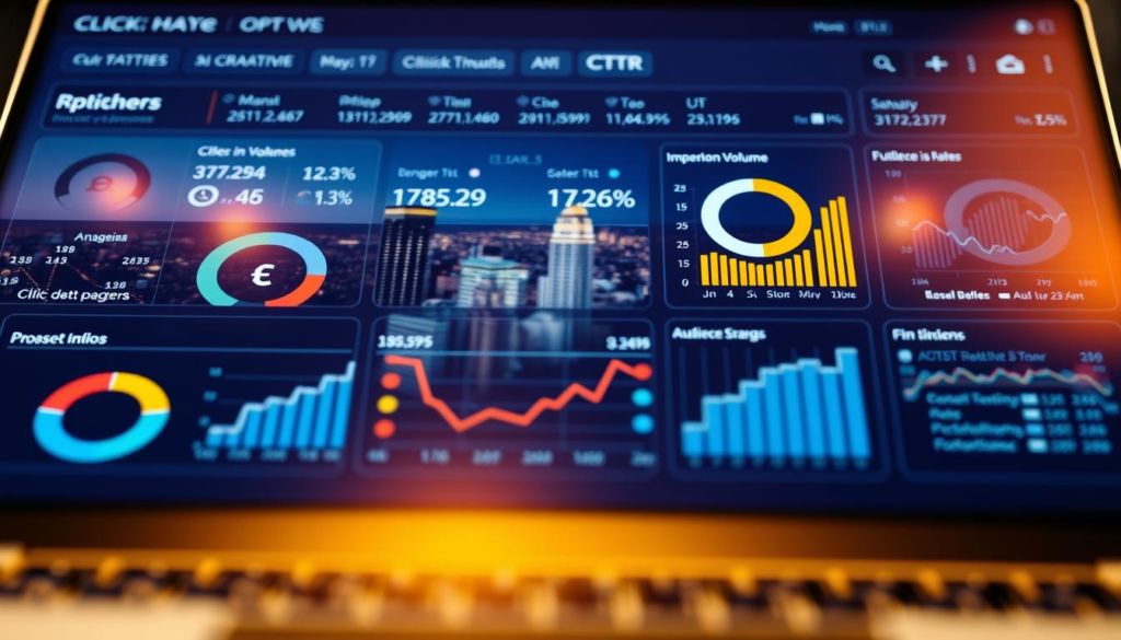 A detailed close-up view of a digital advertisement optimization dashboard, showcasing various metrics and statistics related to click-through rate (CTR). The foreground displays a sleek, modern interface with intuitive data visualizations, highlighting key performance indicators such as impression volume, conversion rates, and audience engagement. The middle ground features a subtle background of a stylized cityscape, representing the online marketplace where the ads are being deployed. Warm lighting casts a subtle glow, creating a professional, authoritative atmosphere. The image conveys a sense of analytical precision and data-driven decision-making, perfectly suited to illustrate the "Otimizando o Texto do Anúncio" section of the article on improving online advertising performance.