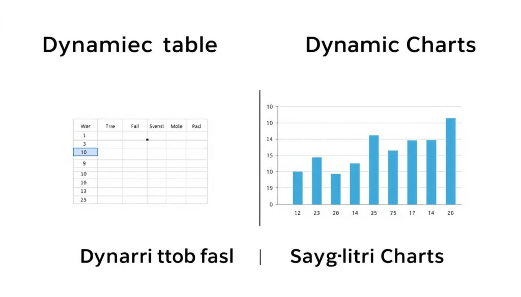 A detailed comparison of dynamic tables and dynamic charts, depicted in a crisp, minimalist style. The foreground showcases two clean, symmetrical data visualizations, one a dynamic pivot table and the other a dynamic bar chart, both rendered in a sleek, modern palette. The middle ground adds subtle gridlines and axis markings to emphasize the analytical nature of the subject. The background features a softer, blurred gradient, creating a sense of depth and focus on the central elements. Balanced lighting casts gentle shadows, conveying a professional, informative atmosphere suitable for an educational article on Excel tools.