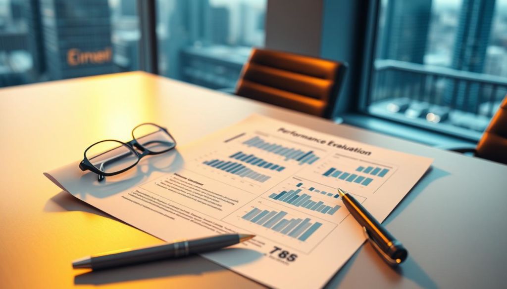 A detailed corporate performance evaluation document rests on a sleek, modern office desk. Warm, soft lighting imbues the scene with a professional, contemplative atmosphere. The document's pages are filled with charts, graphs, and metrics, conveying a comprehensive assessment of organizational efficiency and productivity. In the foreground, a pen and a pair of reading glasses hint at the careful consideration given to this important review. The background features a blurred cityscape, suggesting the broader business context in which this evaluation takes place. The overall composition emphasizes the weight and significance of this performance appraisal process.