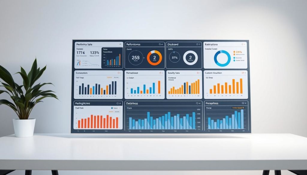 A detailed dashboard displaying various performance indicators, set against a clean, minimalist office environment. The dashboard features an array of charts, graphs, and metrics tracking key sales data, with a focus on KPIs like revenue, conversion rates, and customer acquisition. Soft, diffused lighting illuminates the scene, creating a professional, analytical atmosphere. The layout is well-organized and visually appealing, allowing for easy interpretation of the data. The overall tone is one of data-driven insights and data-informed decision making, suitable for illustrating the "Monitoring Sales Performance" section of the article.