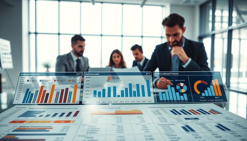 A detailed, data-driven analysis of business leads, presented in a clean, modern aesthetic. In the foreground, a well-organized spreadsheet displays key metrics like lead source, conversion rate, and customer lifetime value, all visualized through intuitive charts and graphs. The middle ground features a team of analysts deeply engaged in study, surrounded by relevant reports and dashboards. In the background, a sleek, minimalist office setting with large windows allows natural light to flood the space, creating a sense of focus and productivity. The overall atmosphere is one of precision, clarity, and strategic insight, conveying the importance of thorough lead analysis in driving successful digital marketing campaigns.