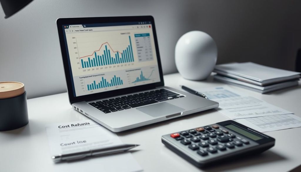 A detailed, data-driven cost analysis presented in a clean, professional manner. A sleek, minimalist desktop scene with a laptop displaying financial charts and graphs, accompanied by a stack of documents and a calculator. The lighting is soft, directional, and highlights the analytical elements. The overall mood is one of focused, methodical investigation, conveying the importance of thoroughly understanding a company's financial landscape. The composition emphasizes the centrality of the data-driven insights, guiding the viewer's attention to the key information required for effective cost reduction.
