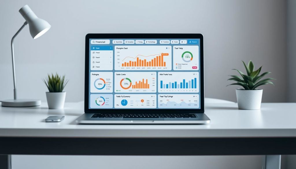 A detailed financial control dashboard displayed on a modern laptop screen, positioned on a minimalist desk. The dashboard interface features intuitive data visualizations, interactive graphs, and seamlessly integrated accounting tools. The desk surface is clean and clutter-free, with a potted plant and a simple desk lamp providing soft, directional lighting. The background is a blurred, neutral office setting, allowing the financial control interface to be the focal point. The overall scene conveys a sense of organization, efficiency, and technological sophistication in personal financial management.