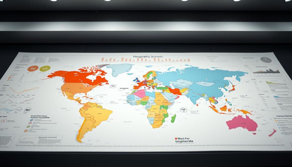 A detailed geographic segmentation map, captured with a high-resolution digital camera. The foreground showcases various colored regions, each representing a distinct demographic or market segment. The middle ground features intricate data visualizations, charts, and infographics, providing insights into the characteristics and trends of these segments. The background sets the stage with a subtle landscape, hinting at the diverse geographic contexts that shape these market divisions. The lighting is soft and evenly distributed, creating a professional and analytical atmosphere. The lens is set to a wide-angle, capturing the comprehensive scope of this comprehensive geographic segmentation framework.