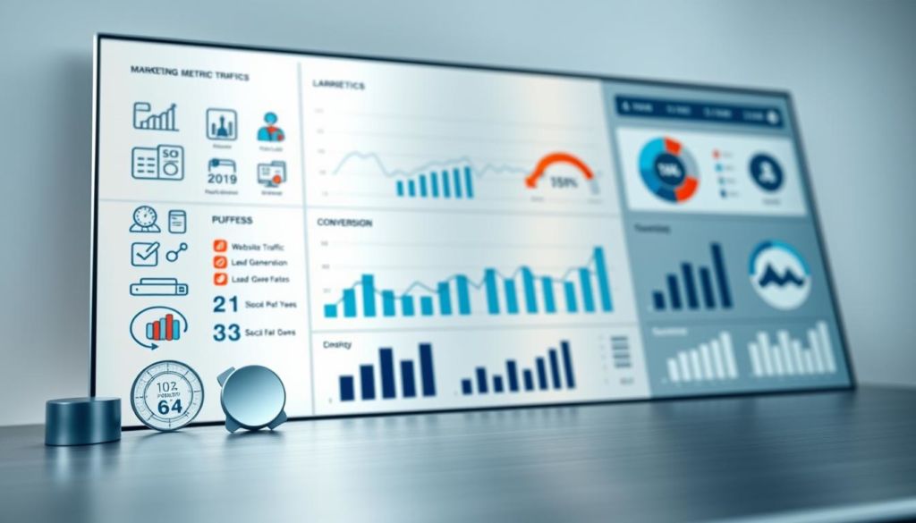 A detailed, high-resolution image depicting various marketing metrics and key performance indicators (KPIs) displayed on a sleek, minimalist dashboard. In the foreground, a collection of infographic icons and graphs representing data points such as website traffic, lead generation, conversion rates, and social media engagement. The middle ground features a clean, brushed-metal interface with interactive data visualizations and analytics tools. In the background, a soft, gradient-based color palette sets a professional, data-driven atmosphere. Bright, directional lighting casts subtle shadows, highlighting the precision and clarity of the marketing metrics displayed. The overall composition conveys a sense of efficiency, insight, and data-driven decision-making essential for successful marketing strategies.