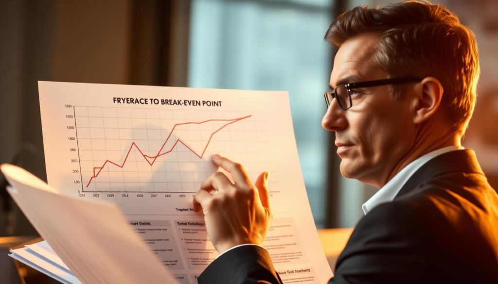 A detailed illustration of the impact of the break-even point on a company's financial planning. The foreground depicts a well-dressed executive examining financial reports, their expression thoughtful as they consider the implications. The middle ground showcases a graph or chart visualizing the break-even point, its significance highlighted by the executive's contemplative pose. The background is a subtly blurred office setting, conveying a sense of professionalism and strategic decision-making. Warm, directional lighting casts a subtle glow, creating depth and emphasizing the importance of the subject matter. The overall atmosphere is one of careful analysis and the weight of financial considerations on a company's future.