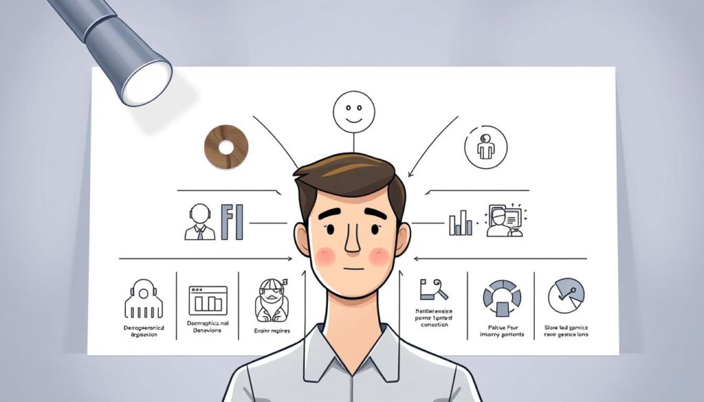 A detailed illustration showcasing the essential elements of an effective persona for a business. In the foreground, an anthropomorphic figure with a stylized face, representing the persona's core identity and characteristics. In the middle ground, various symbolic icons and graphics depicting the persona's demographics, behaviors, goals, and pain points. The background features a clean, minimalist layout with geometric shapes and subtle textures, creating a professional and refined atmosphere. Soft, directional lighting from the upper left casts subtle shadows, emphasizing the three-dimensional nature of the components. The composition is balanced and visually striking, effectively communicating the key elements of a well-developed persona.