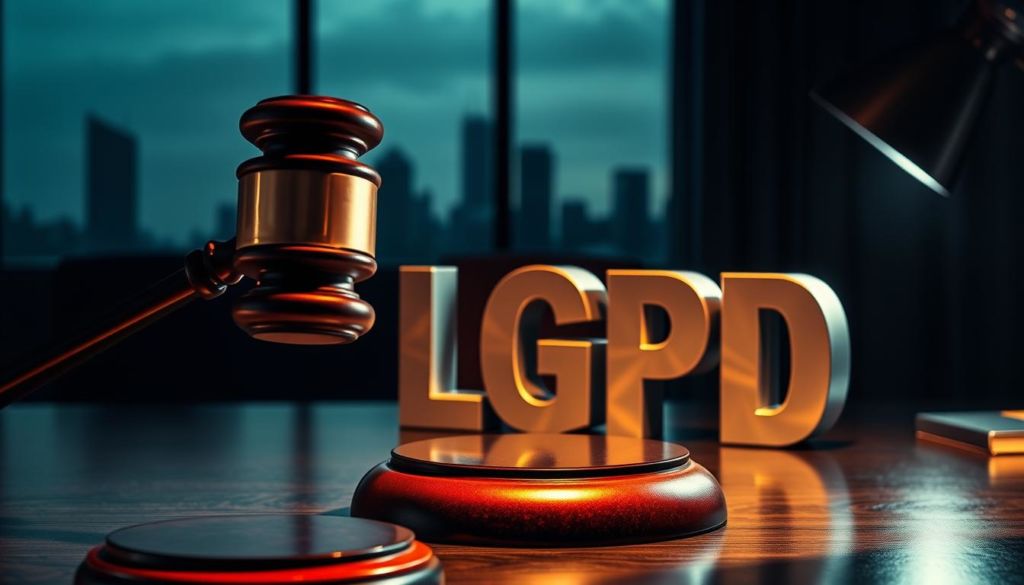 A detailed image of LGPD sanctions and penalties. In the foreground, a gavel slamming down on a desk, symbolizing the legal consequences of LGPD violations. In the middle ground, a 3D representation of the LGPD logo, made of metallic materials, casting an ominous shadow. In the background, a dimly lit, moody office setting with a large window overlooking a cityscape. The lighting is dramatic, creating a sense of gravity and importance. The scene conveys the serious legal repercussions of non-compliance with LGPD regulations.