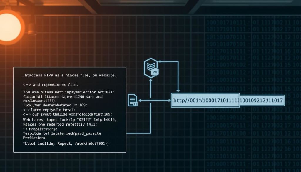 A detailed, industrial-style schematic diagram of an .htaccess file and website redirection process. The foreground depicts the .htaccess file's structure and configuration options, with technical annotations. The middle ground shows web server symbols and a stylized URL path, representing the redirection flow. The background features a grid-like pattern with binary code, suggesting the computational nature of the process. The lighting is moody, with a warm hue and subtle shadows, conveying a sense of technical complexity and functionality. The overall aesthetic is clean, minimalist, and technically informative, reflecting the subject of website redirects.