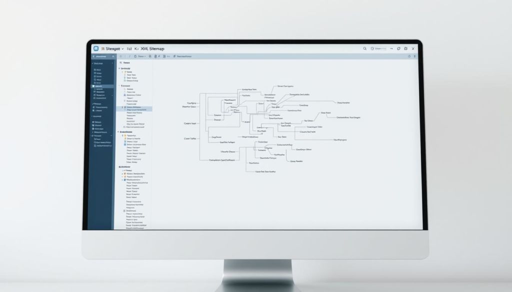 A detailed, intricate XML sitemap diagram displayed on a sleek, modern computer screen. The sitemap consists of various interconnected nodes and links, conveying the hierarchical structure and organization of a website's content. The image is rendered with high-fidelity, crisp lines, and a soothing, minimalist color palette of grays and blues, emphasizing the technical nature of the subject matter. Soft, diffused lighting illuminates the screen, creating a sense of depth and dimension. The overall mood is one of professionalism, efficiency, and the importance of structured data for search engine optimization.