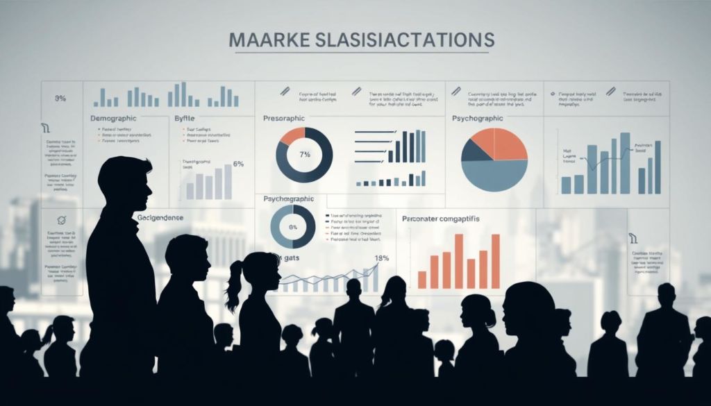 A detailed market segmentation analysis illustrated by a stylish infographic. The foreground depicts various demographic and psychographic customer profiles, represented by distinct human silhouettes. The middle ground showcases data visualizations, such as pie charts and bar graphs, highlighting key market insights. The background features a soft, blurred cityscape, symbolizing the larger business landscape. The overall aesthetic is clean, minimalist, and professional, utilizing a muted color palette to convey an analytical, data-driven mood. Subtle lighting from the side casts slight shadows, adding depth and dimensionality to the scene. The camera angle is slightly elevated, providing an overview perspective to the viewer.