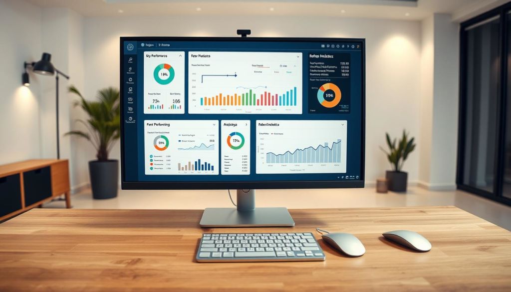 A detailed overhead view of a modern office workspace, with a large monitor displaying various performance indicators and analytics dashboards. The foreground features a sleek, metallic mouse and keyboard, neatly arranged on a minimalist, wood-grained desk. The middle ground showcases several open windows on the monitor, presenting key performance indicators (KPIs), charts, and monitoring tools relevant to a referral marketing campaign. The background depicts a clean, minimalist office setting with neutral-toned walls, subtle lighting, and a potted plant, creating a calm, professional atmosphere. The overall scene conveys a sense of data-driven efficiency and strategic marketing oversight.